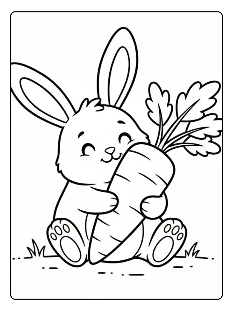 Ein Ausmalbild Hase sitzt neben einer riesigen Karotte.