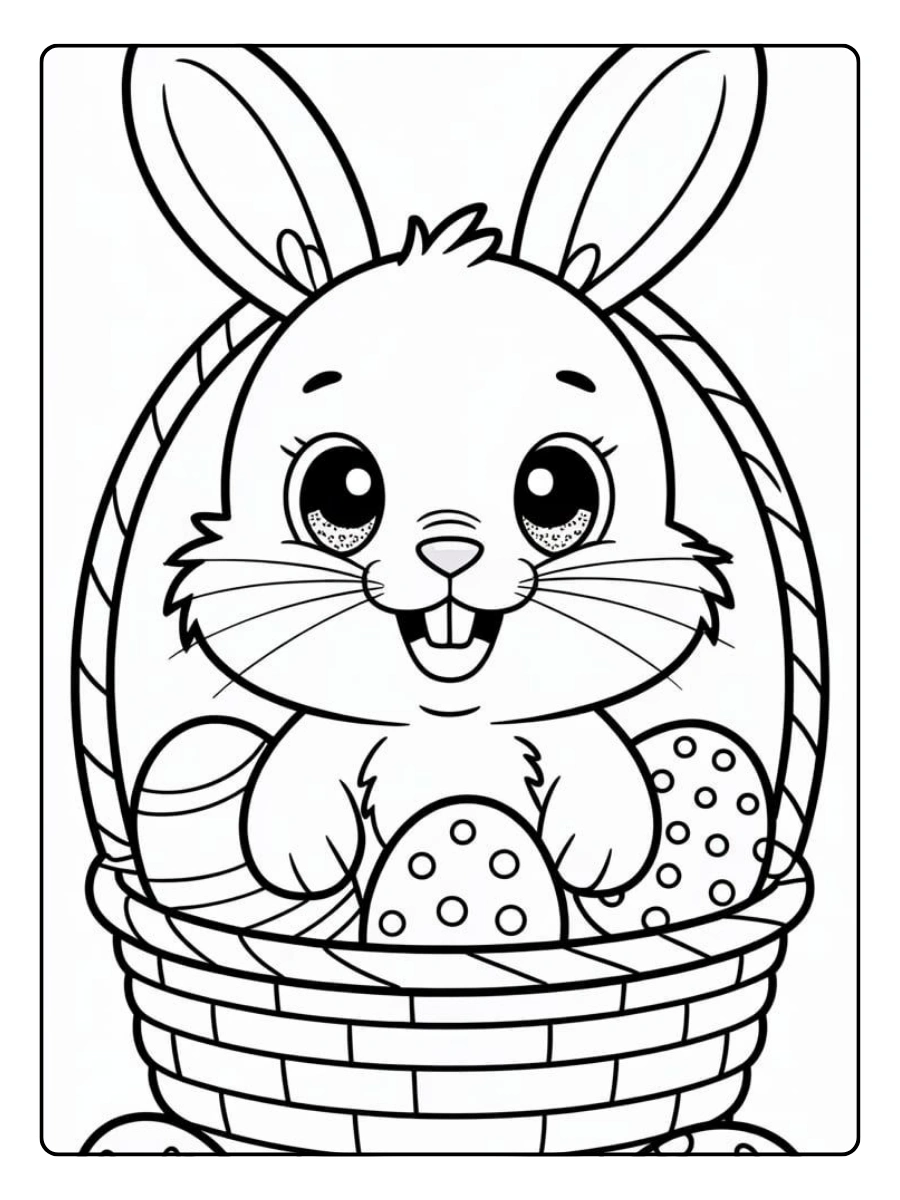 Ausmalbild Hase in einem Osterkörbchen.