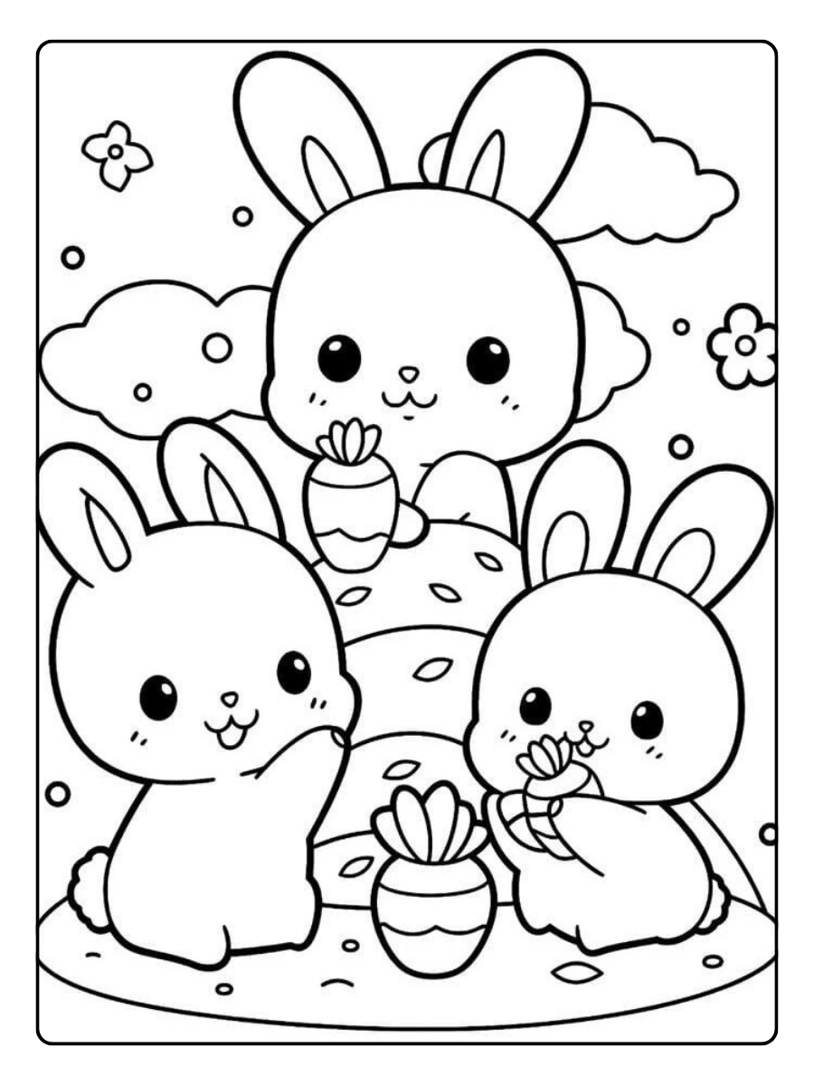 Ausmalbild Hase Gruppe auf einer Blumenwiese.