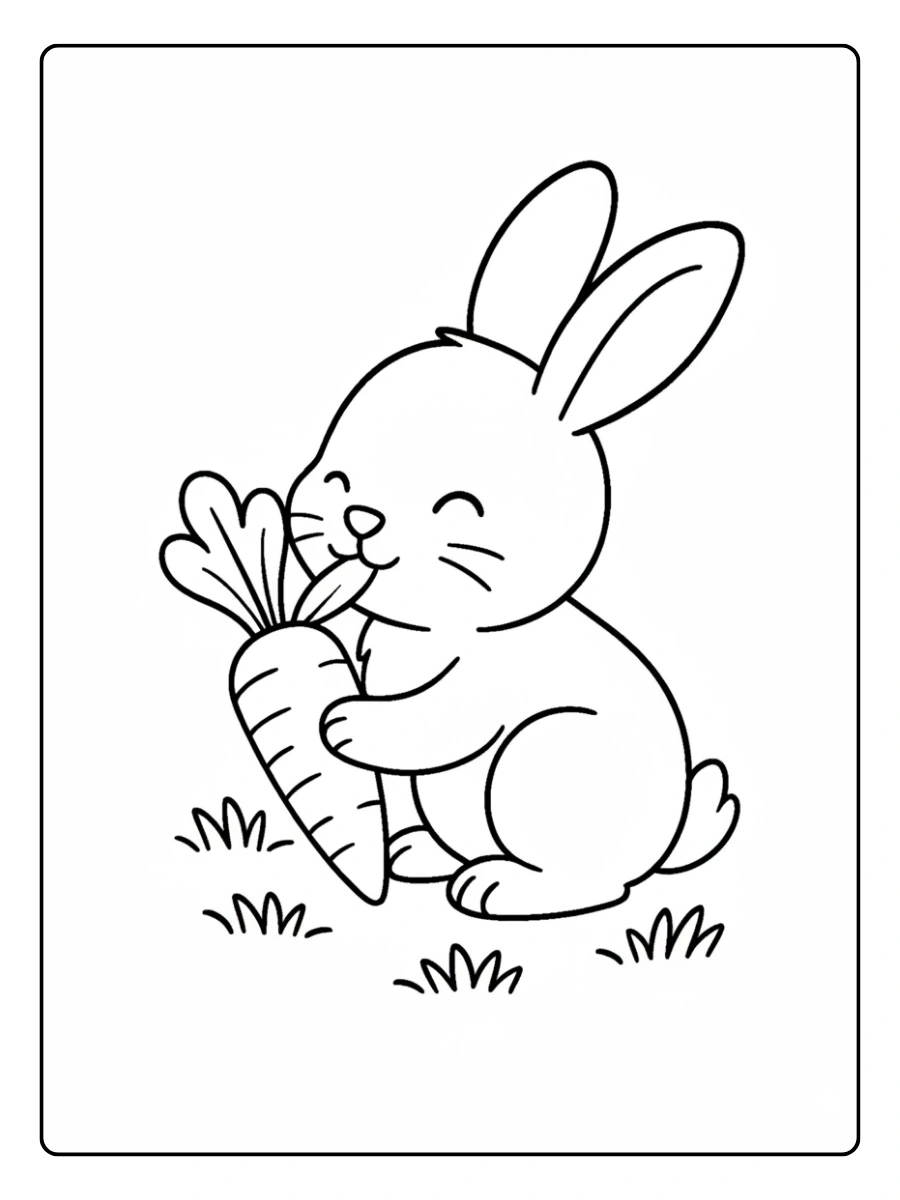 Ein Ausmalbild Hase knabbert an einer Karotte.