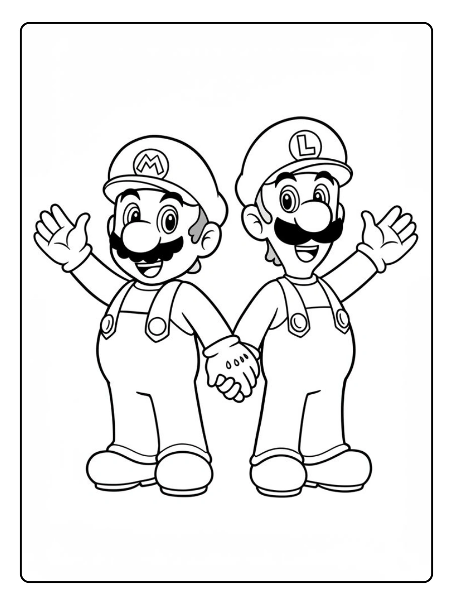 Ausmalbilder Mario und Luigi stehen nebeneinander und winken.