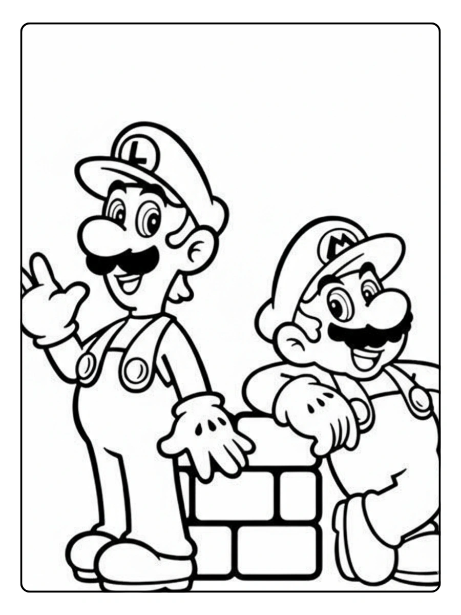 Ausmalbilder Mario und Luigi lehnen an einer Mauer.