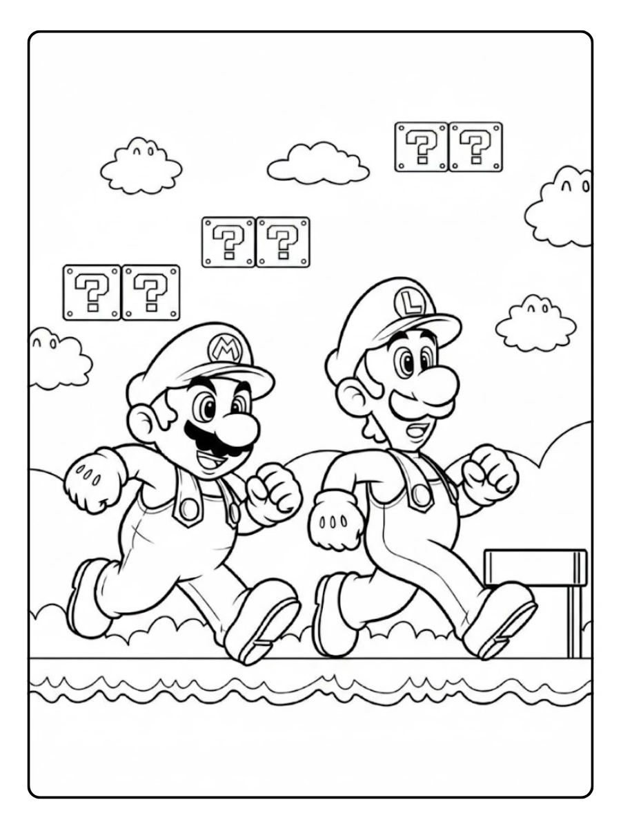 Ausmalbilder Mario und Luigi im klassischen Level-Design.