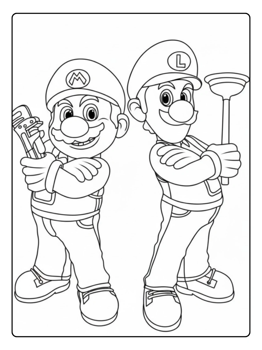 Ausmalbilder Mario und Luigi als Klempner mit Werkzeug.