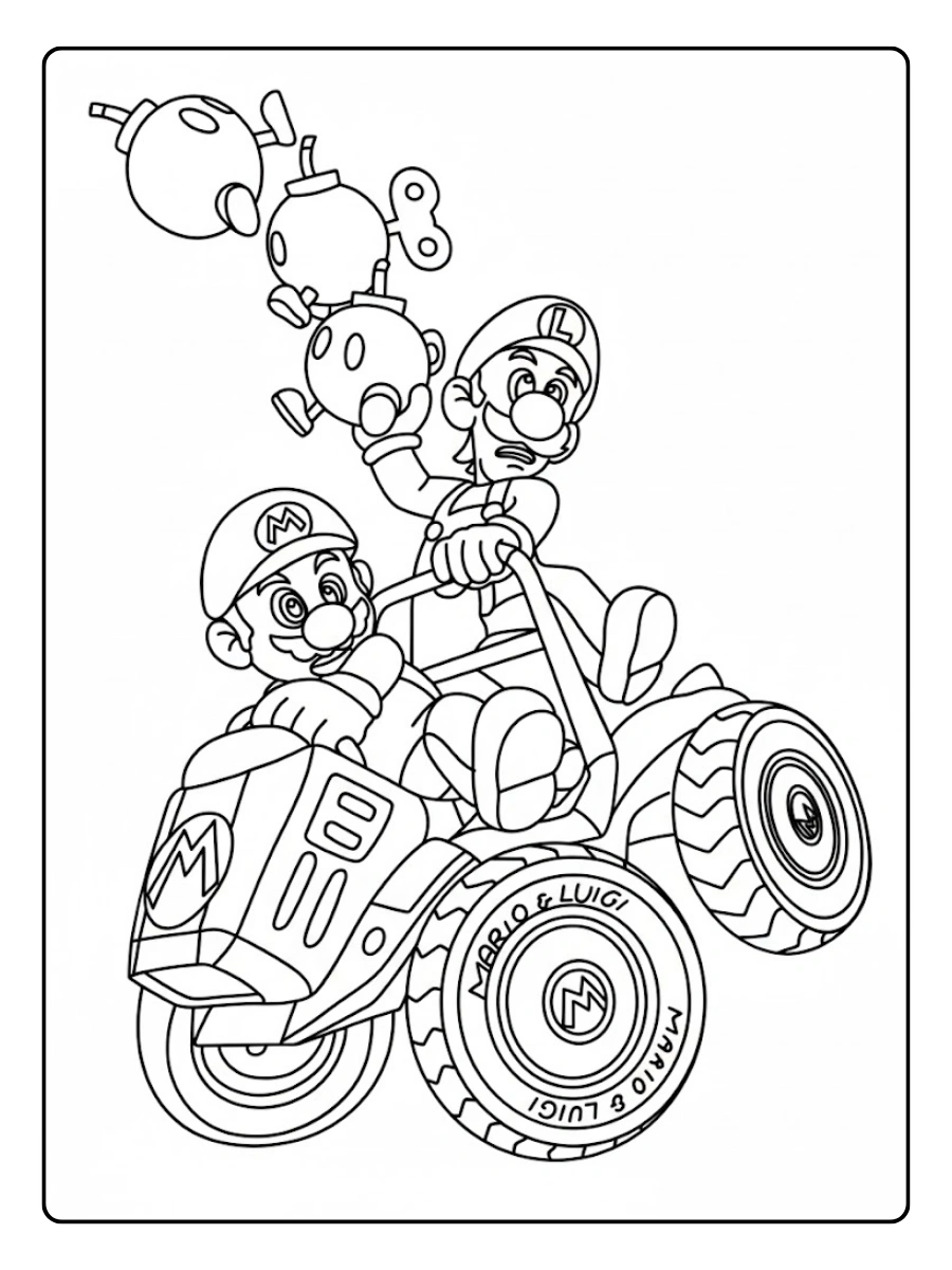 Ausmalbilder Mario und Luigi fahren auf einem Quad.