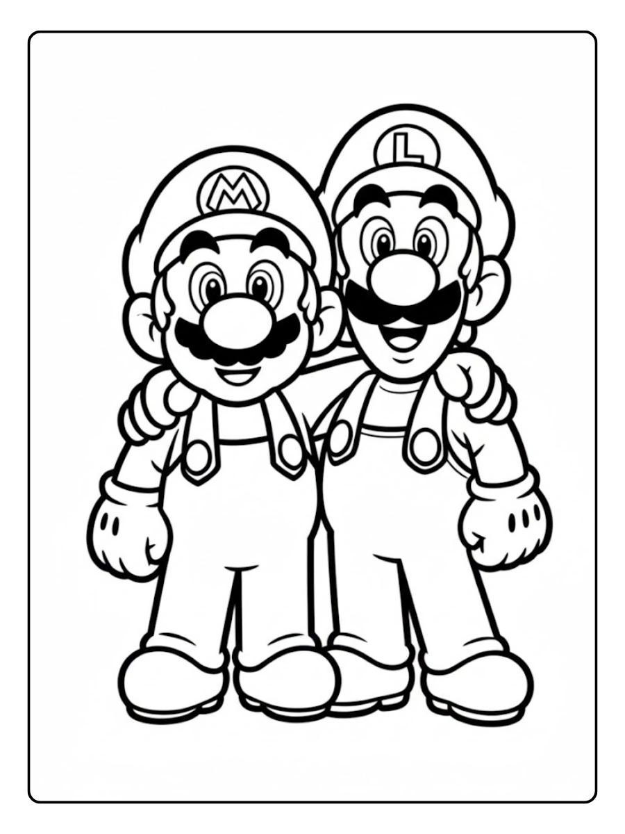 Ausmalbilder Mario und Luigi stehen Arm in Arm.