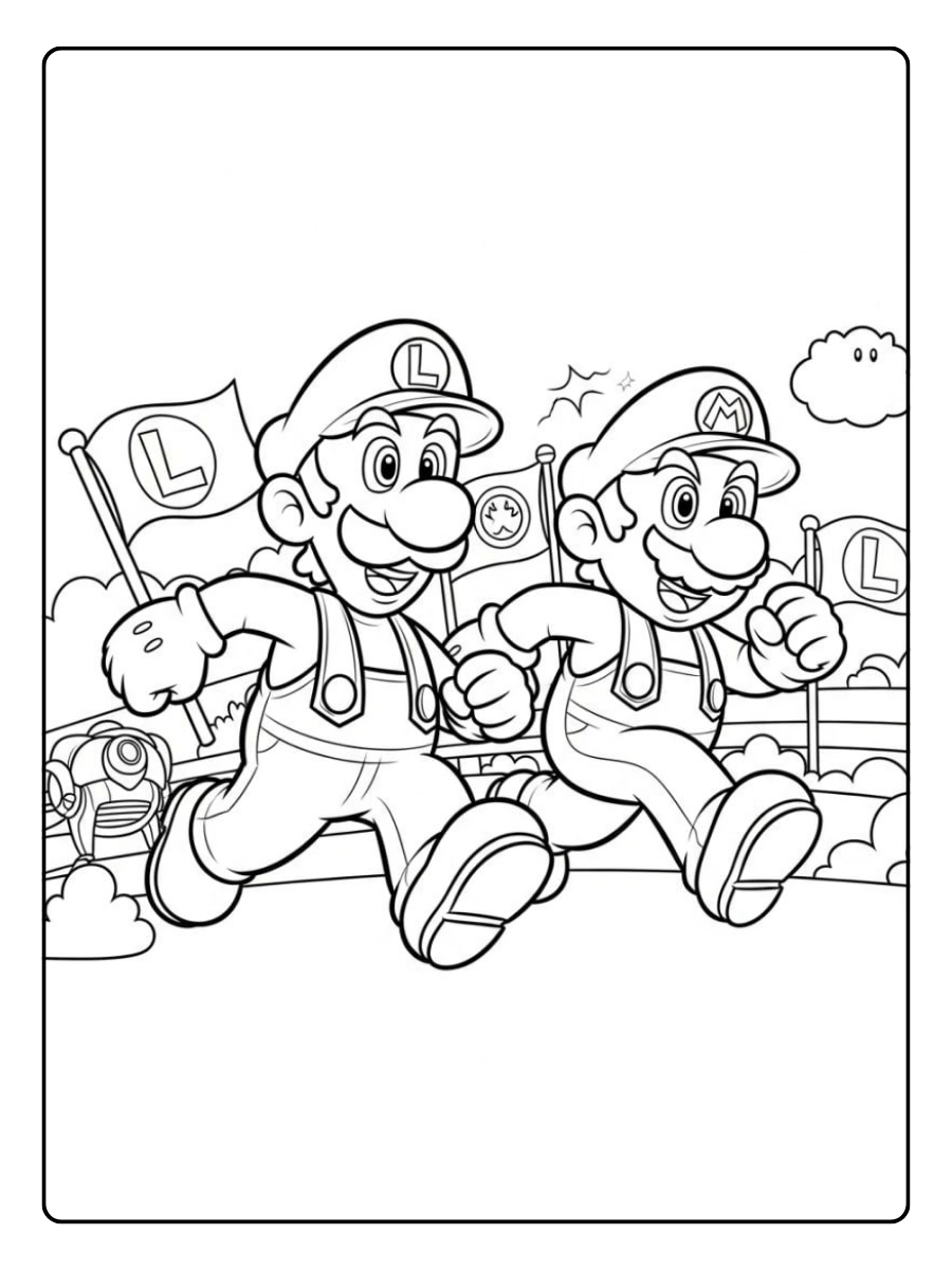 Ausmalbilder Mario und Luigi rennen durch das Pilzkönigreich.
