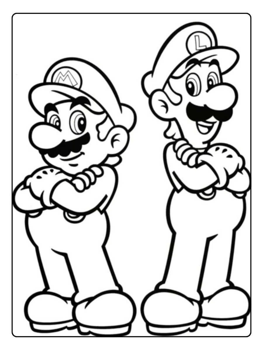 Ausmalbilder Mario und Luigi posieren mit verschränkten Armen.