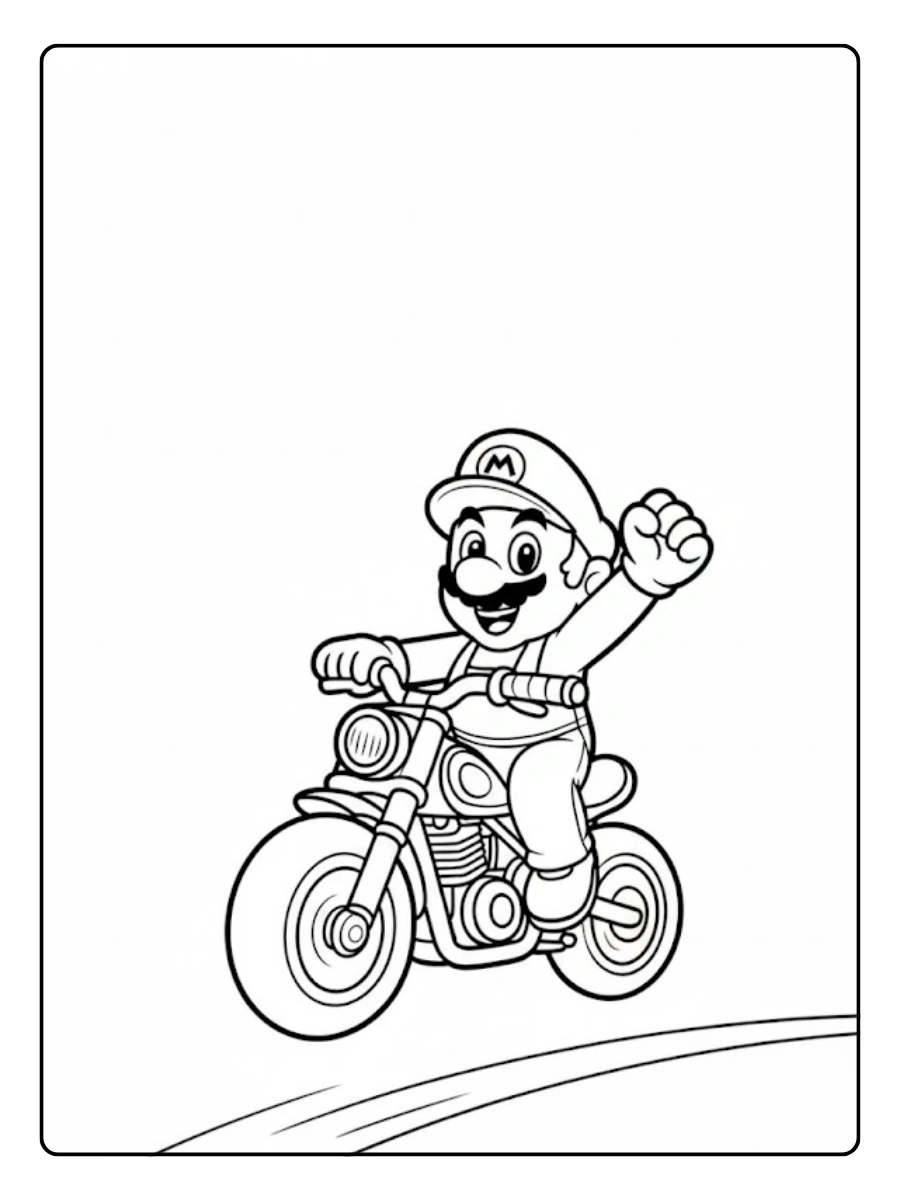 Mario Kart Ausmalbilder von Mario auf einem Motorrad.