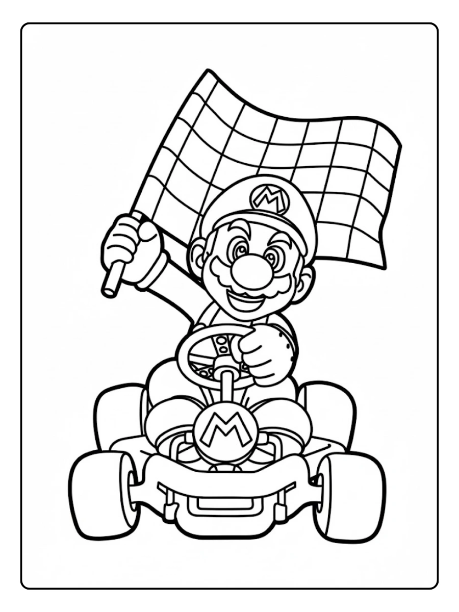 Mario Kart Ausmalbilder mit karierter Flagge.