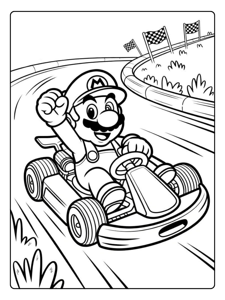 Mario Kart Ausmalbilder Fahrt auf der Rennbahn.
