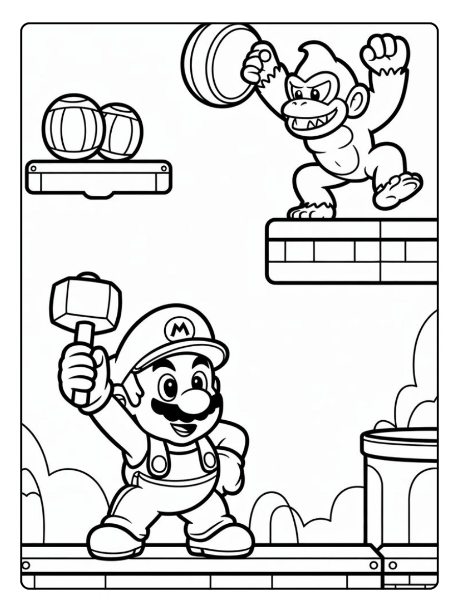 Mario Kart Ausmalbilder im Retro-Stil mit Donkey Kong.