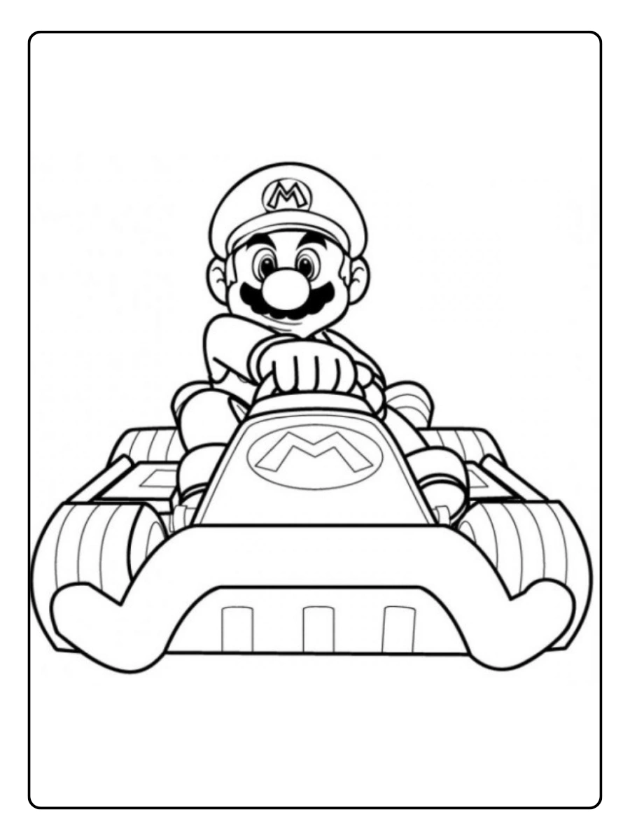 Mario Kart Ausmalbilder Frontansicht von Mario im Kart.