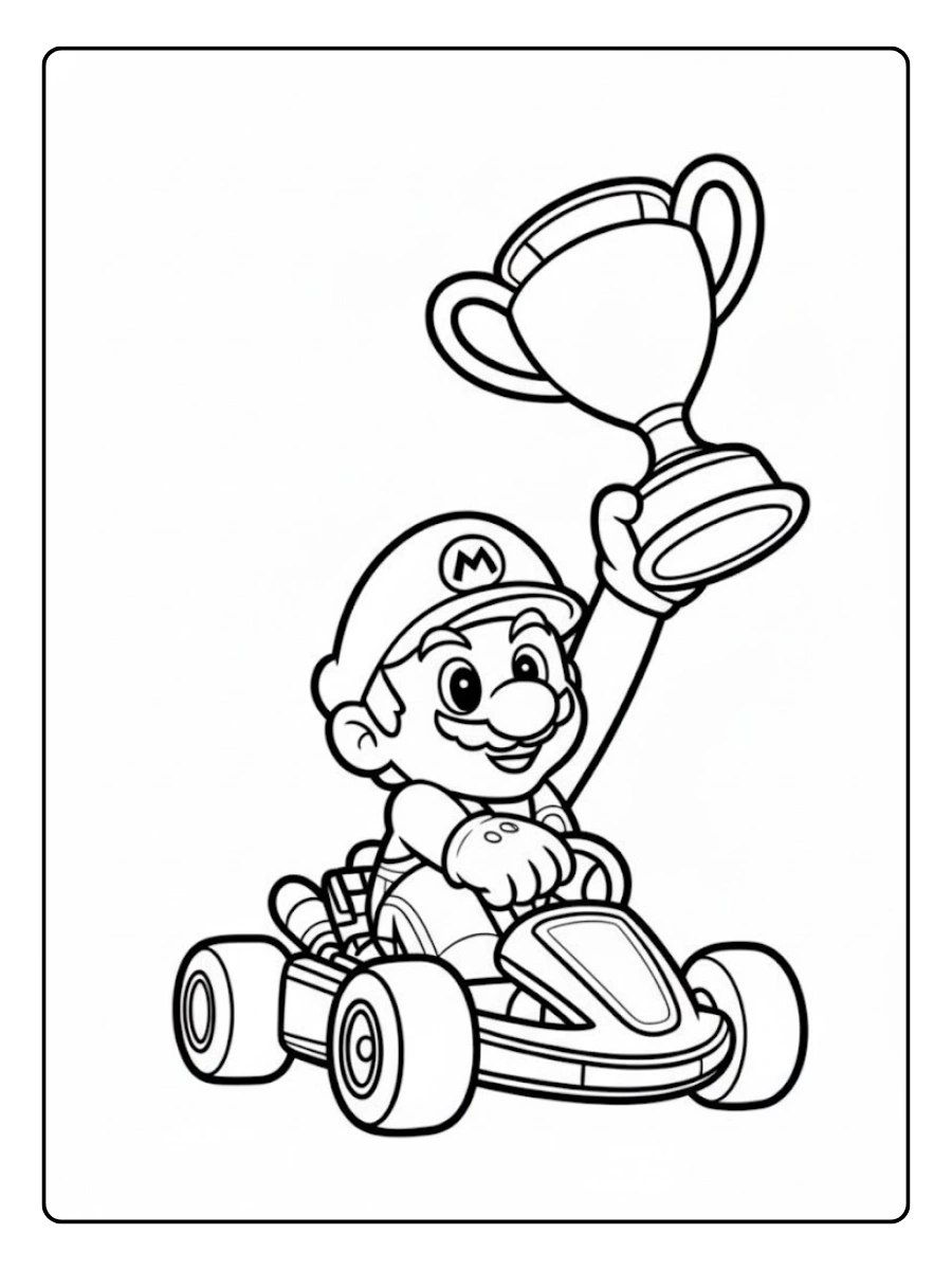 Mario Kart Ausmalbilder Mario gewinnt einen Goldpokal.