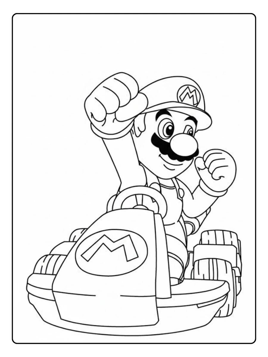 Mario Kart Ausmalbilder Jubelpose im Rennwagen.