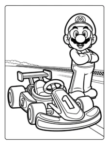 Mario Kart Ausmalbilder Rennwagen mit der Nummer 1.