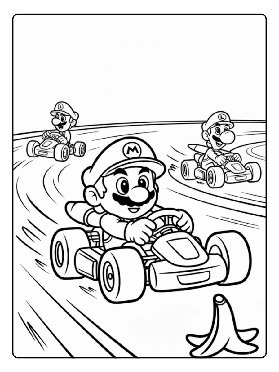 Mario Kart Ausmalbilder Mario auf der Rennstrecke.