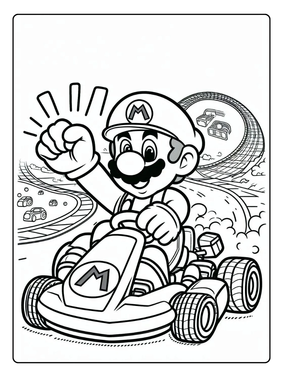 Mario Kart Ausmalbilder Mario am Startpunkt.