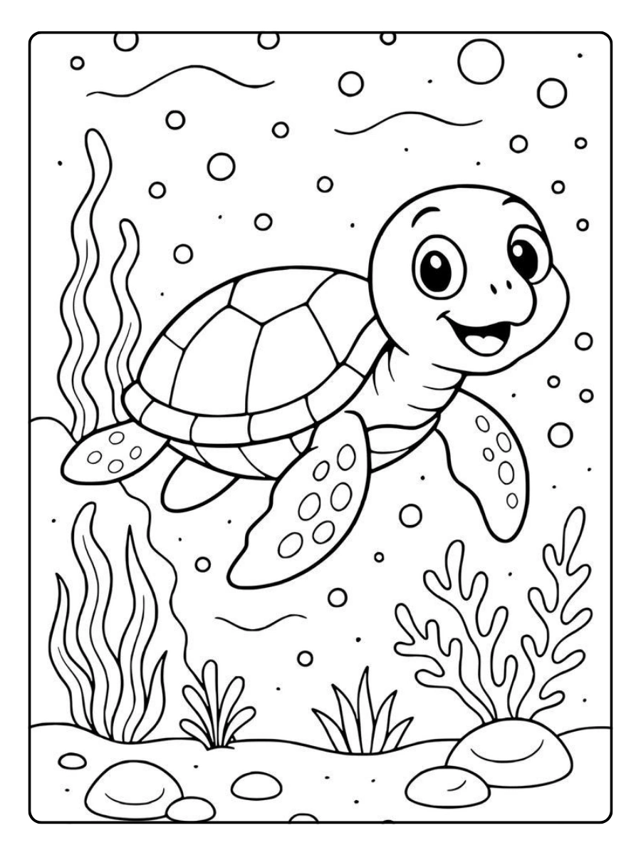 Ein ausmalbild schildkröte unter Wasser beim Schwimmen.