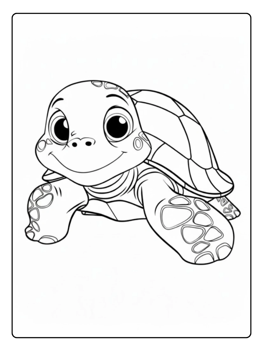 Ein ausmalbild schildkröte mit großen Augen.