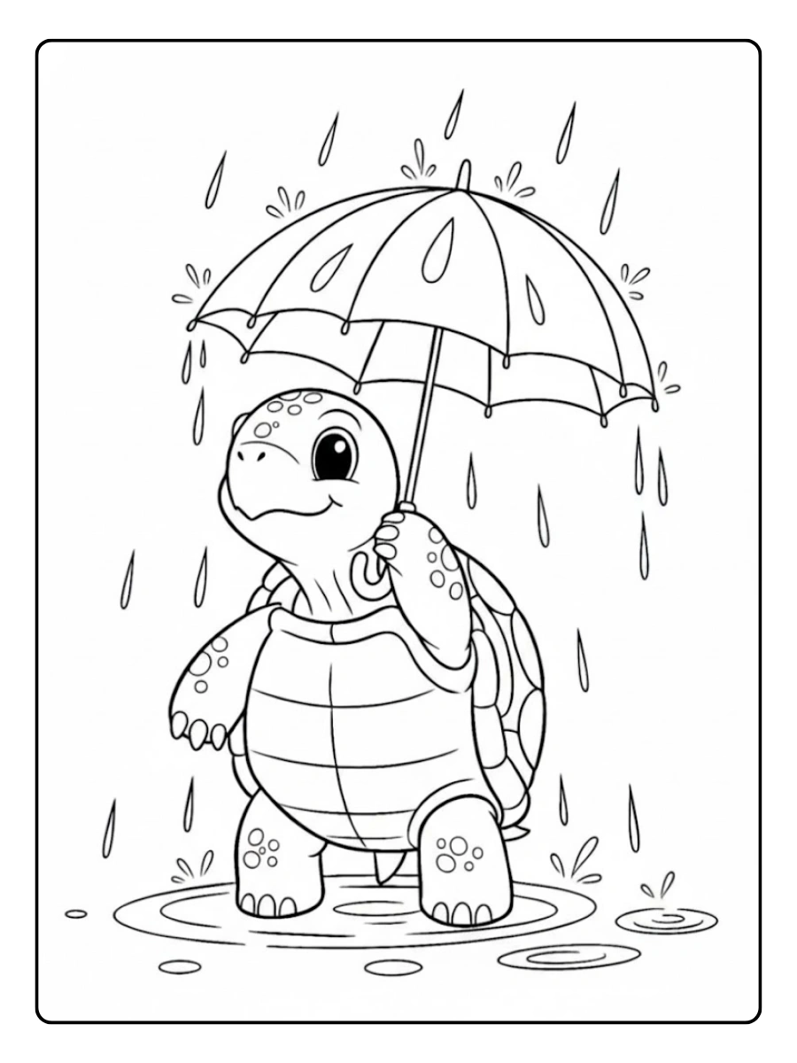 Ein ausmalbild schildkröte steht im Regen mit Regenschirm.