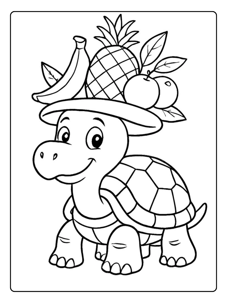 Ein ausmalbild schildkröte mit einem Obsthut.
