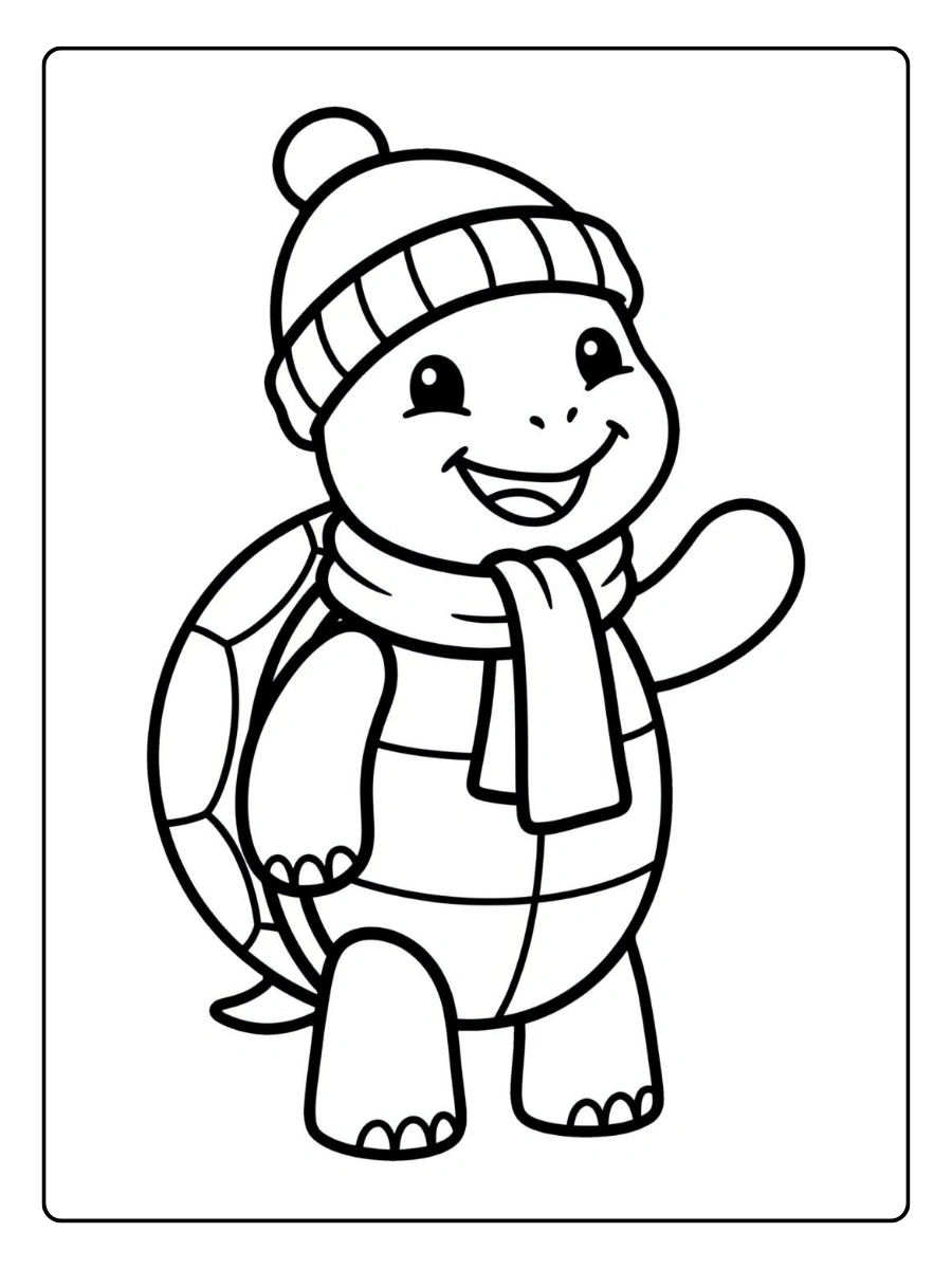 Ein ausmalbild schildkröte mit Mütze und Schal.