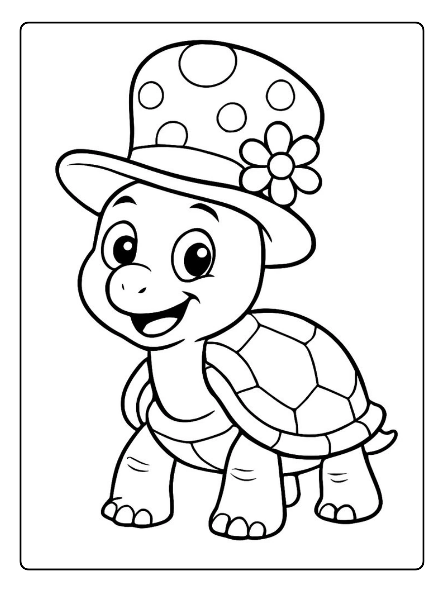 Niedliches ausmalbild schildkröte mit einem gepunkteten Hut.