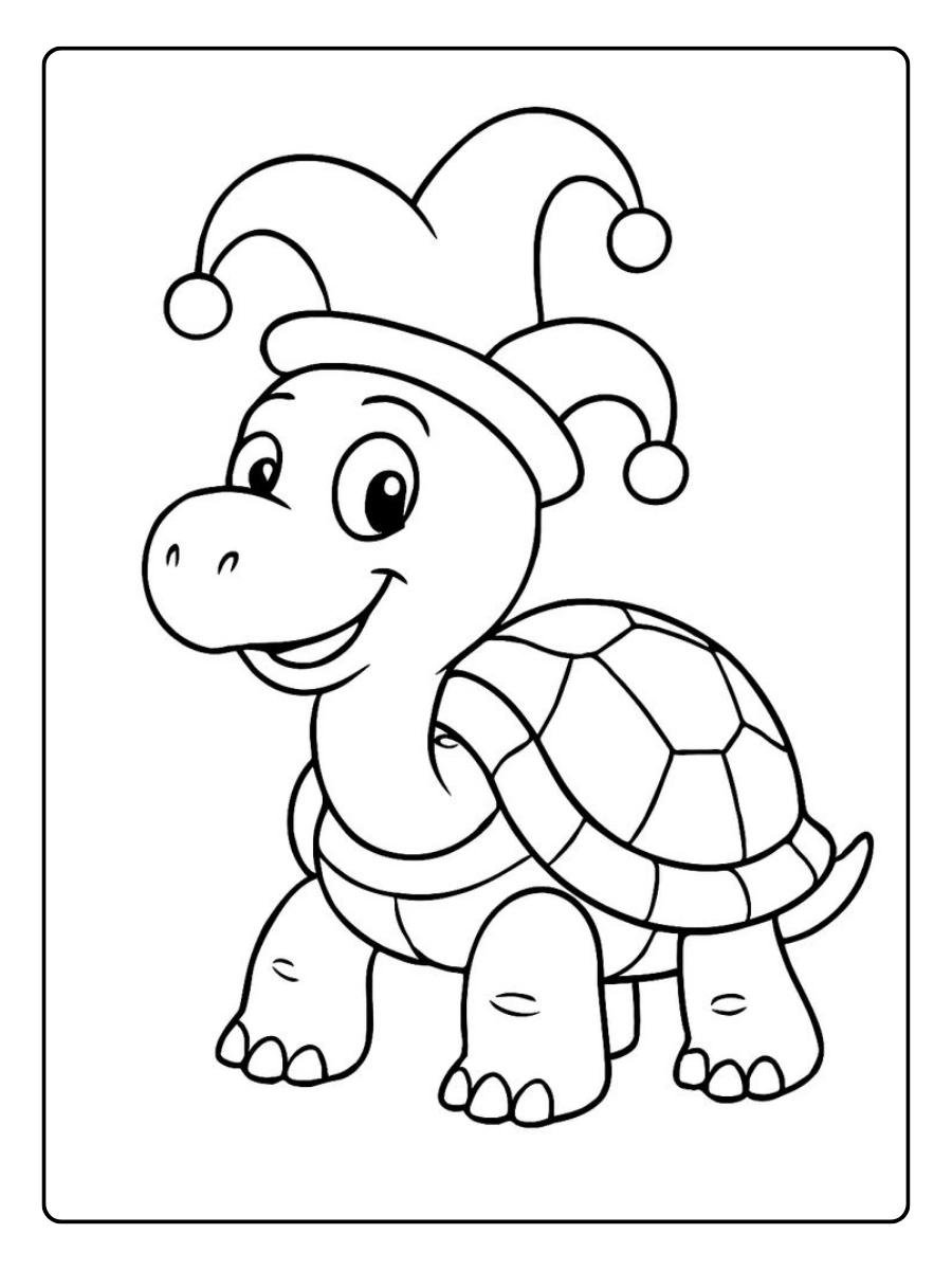 Lustiges ausmalbild schildkröte mit Narrenkappe.
