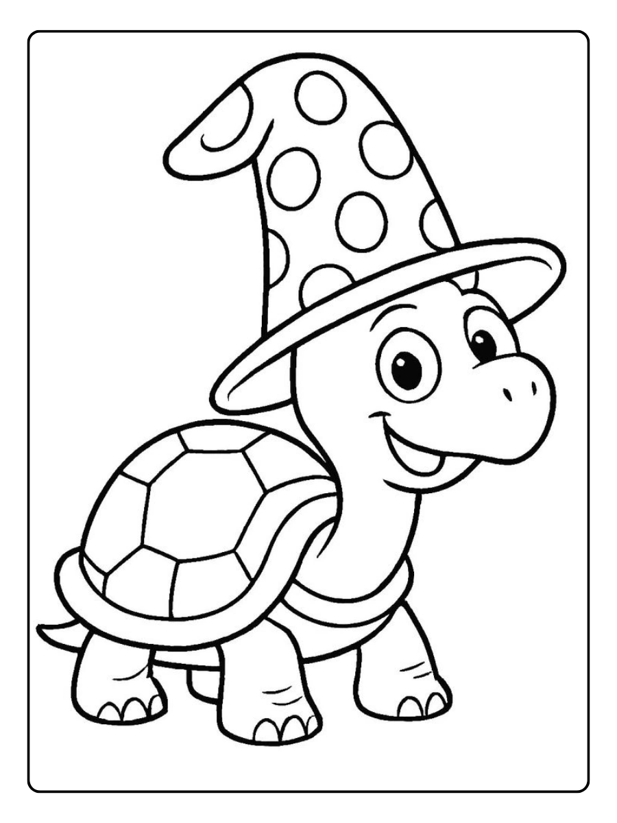 Ein ausmalbild schildkröte mit einem gepunkteten Zauberhut.