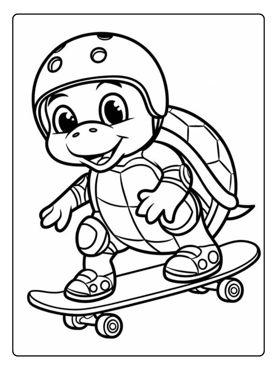 Cooles ausmalbild schildkröte auf einem Skateboard.