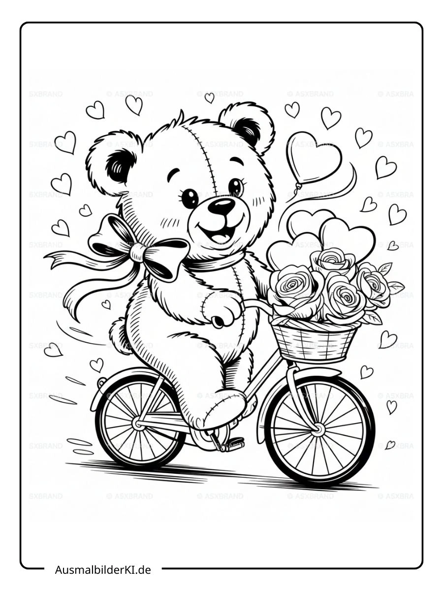 Teddybär fährt Fahrrad mit Blumen als ausmalbilder valentinstag.
