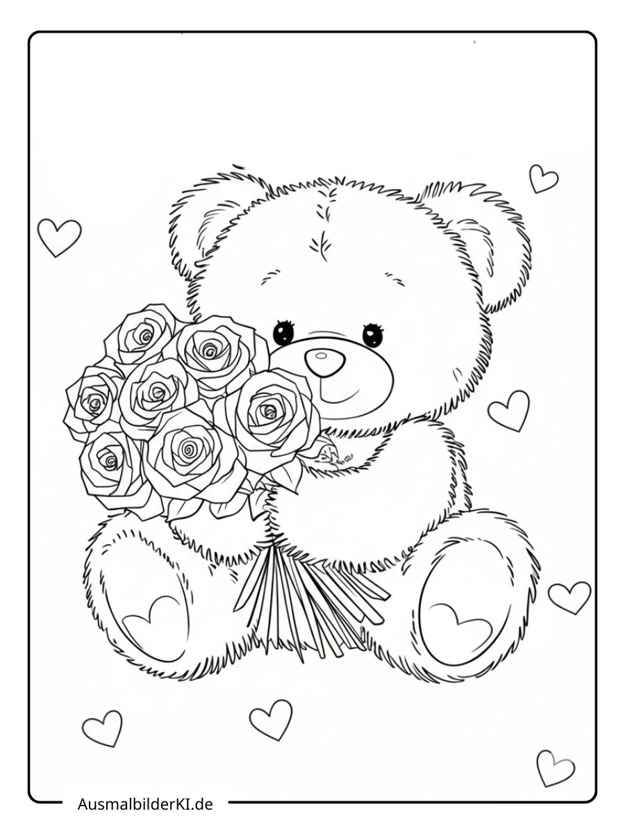 Teddybär versteckt sich hinter Rosen ausmalbilder valentinstag.
