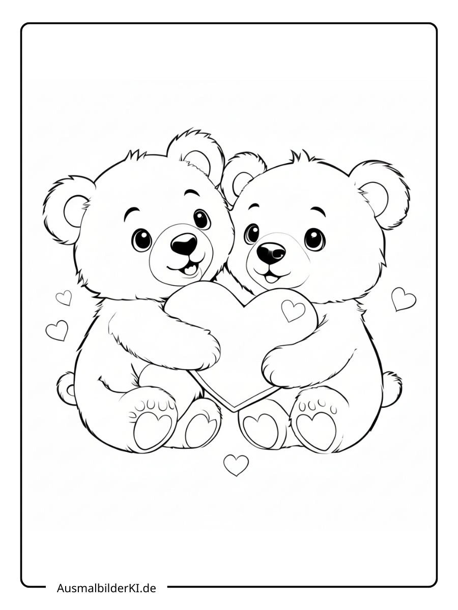 Zwei kuschelnde Teddybären als ausmalbilder valentinstag.