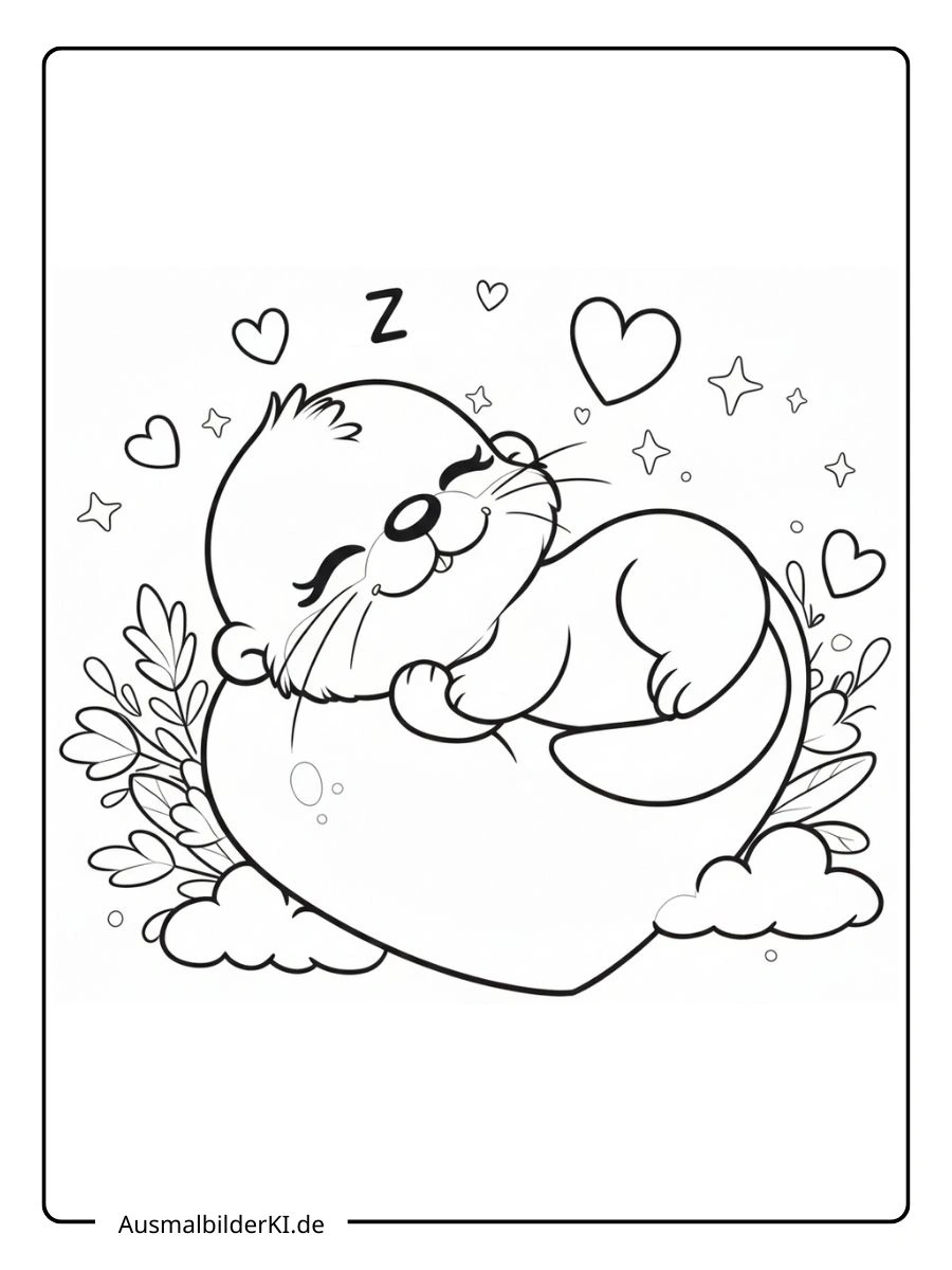 Schlafende Katze auf einem Herz als ausmalbilder valentinstag.