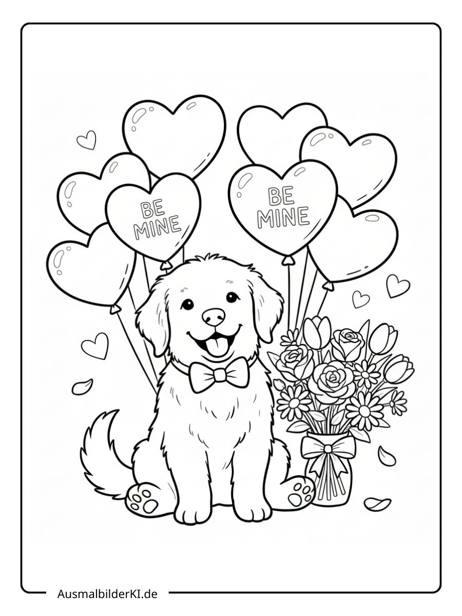 Ein ausmalbilder valentinstag mit einem süßen Hund und Herz-Ballons.