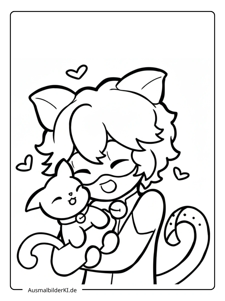 Ladybug Ausmalbilder von Cat Noir mit einer kleinen Katze.