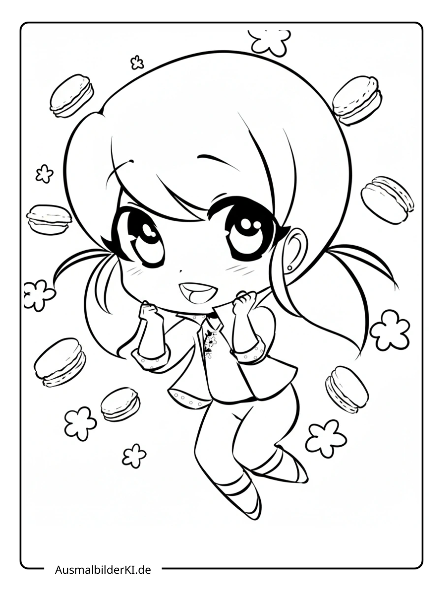 Ladybug Ausmalbilder Chibi Marinette mit Makronen.