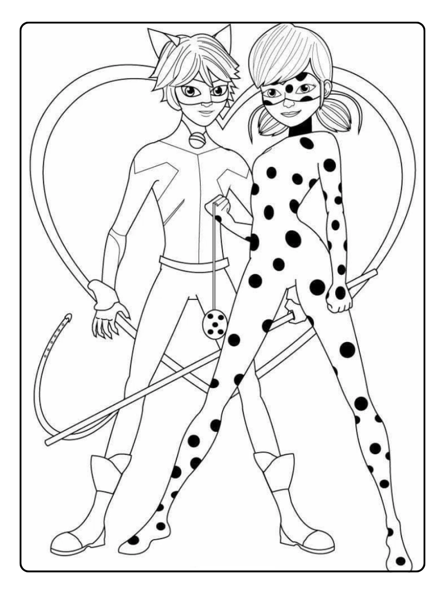 Ladybug Ausmalbilder Duo mit Cat Noir Rücken an Rücken.