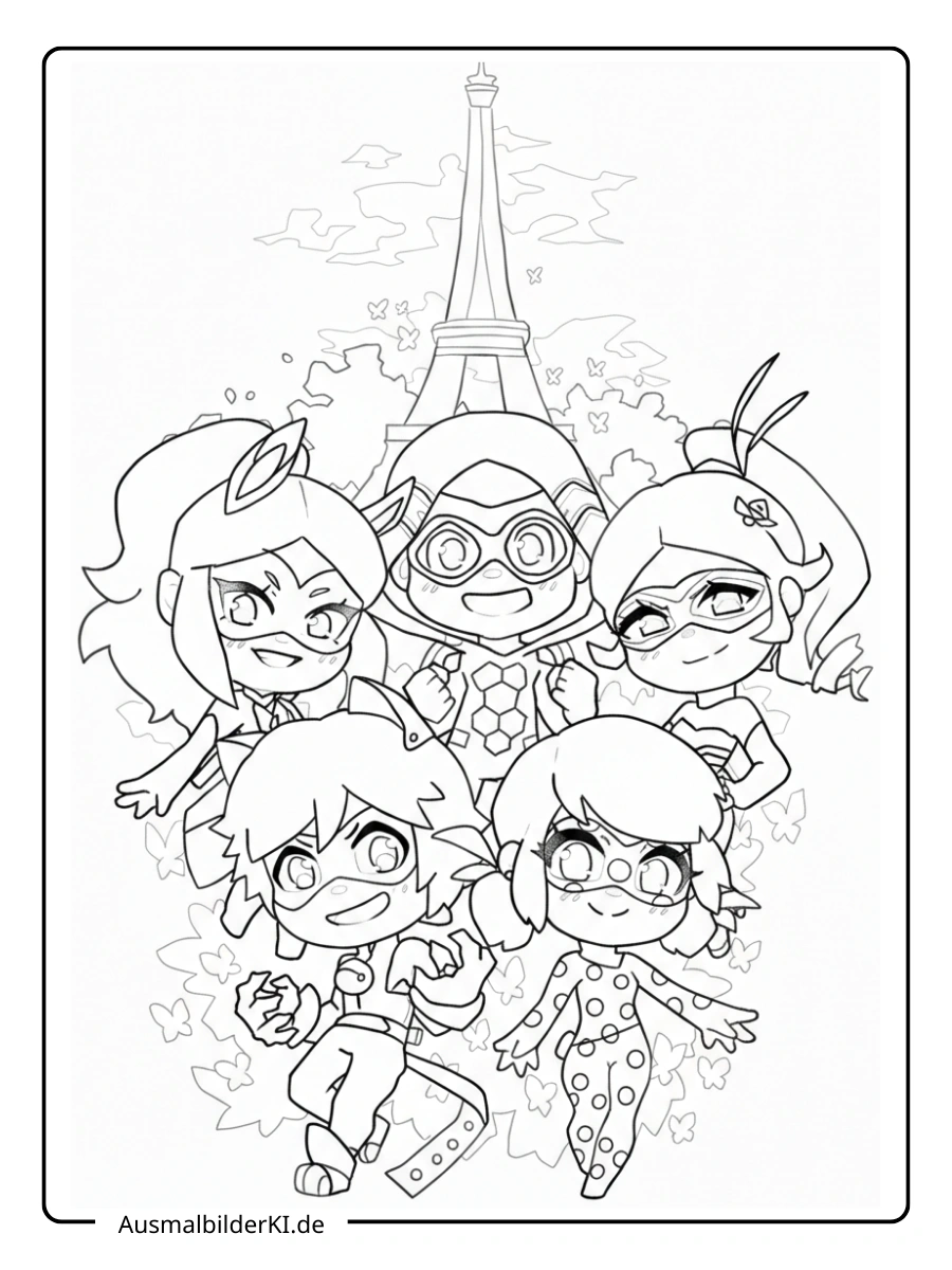 Ladybug Ausmalbilder Gruppe mit dem Eiffelturm.