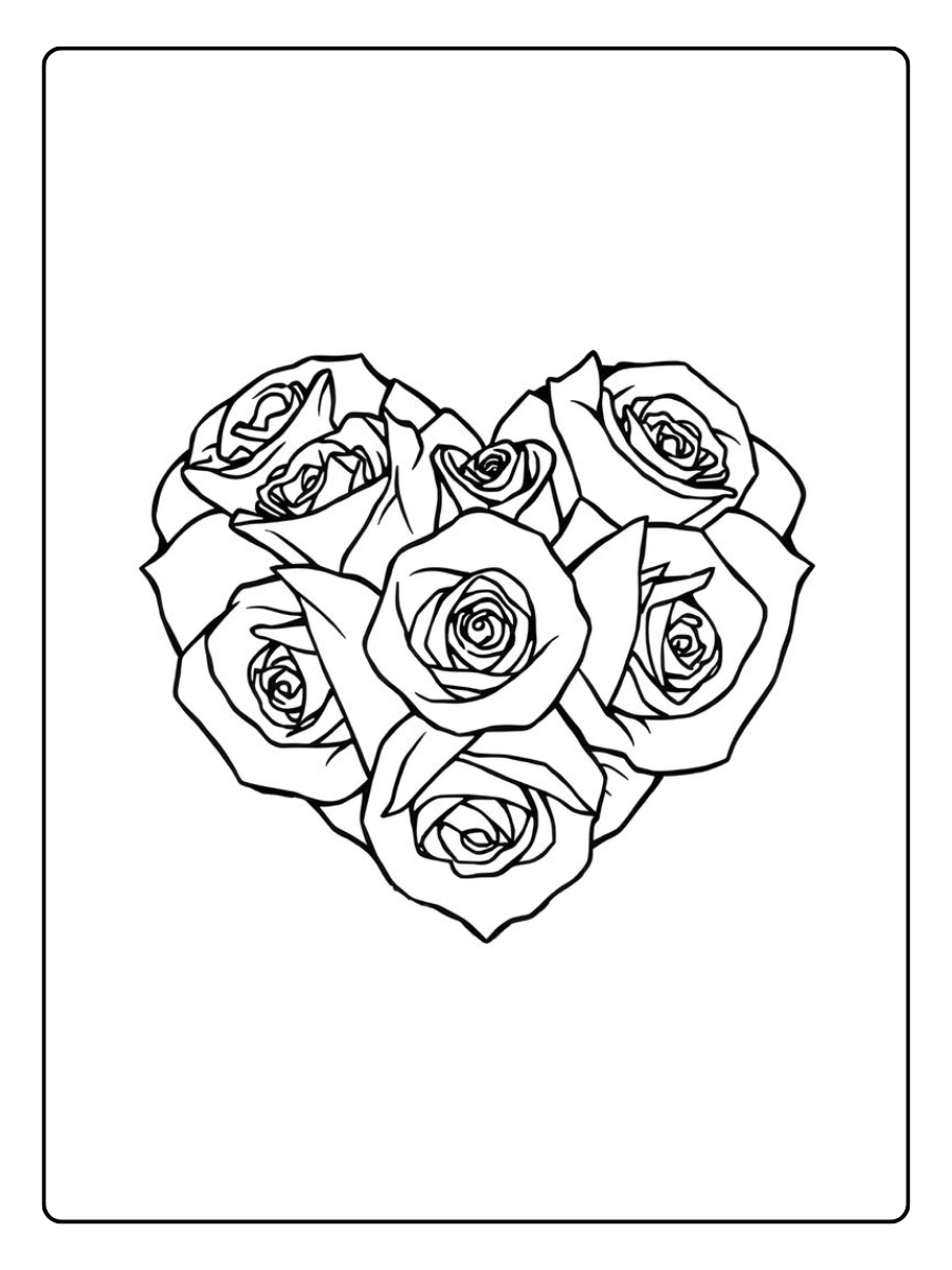 Ausmalbilder Herzen geformt aus einem Strauß Rosen.