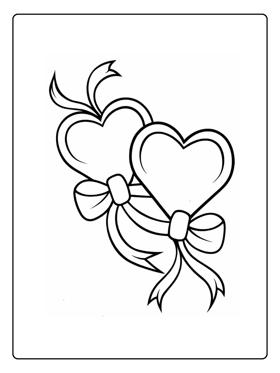 Zwei verbundene Ausmalbilder Herzen mit einer Schleife.