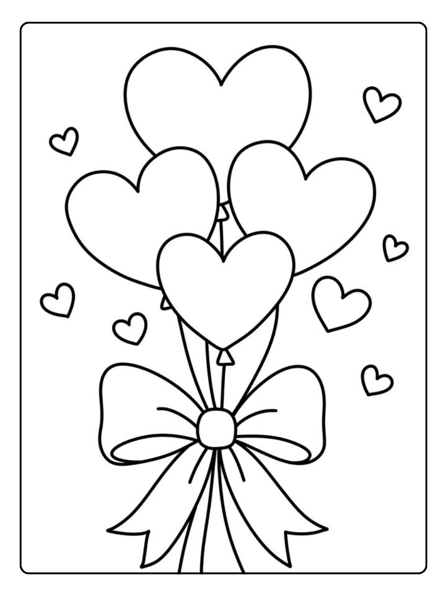 Fliegende Herzballons als Ausmalbilder Herzen.