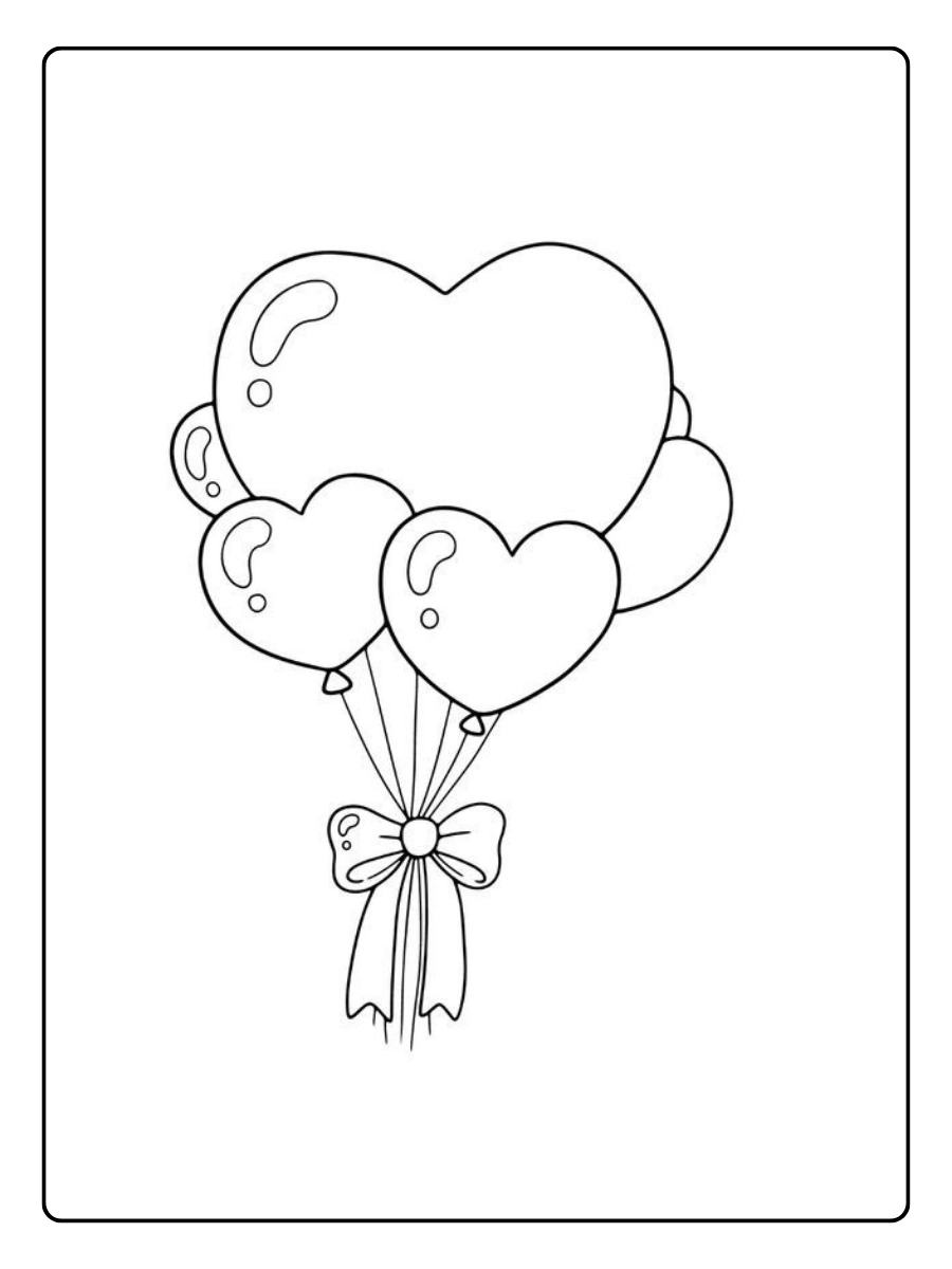 Ein schwebender Ballonstrauß aus Ausmalbilder Herzen.