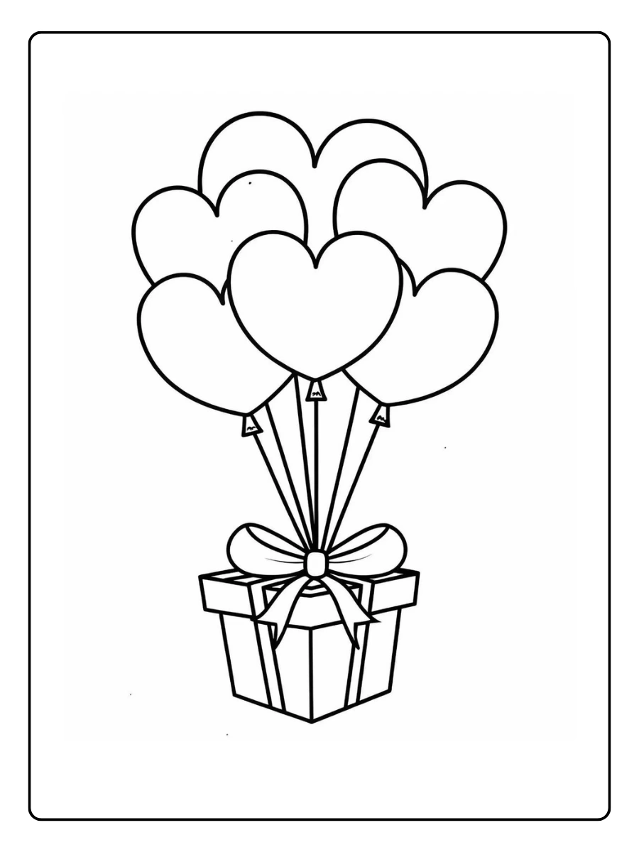 Ausmalbilder Herzen Ballons aus einem Geschenkpaket.