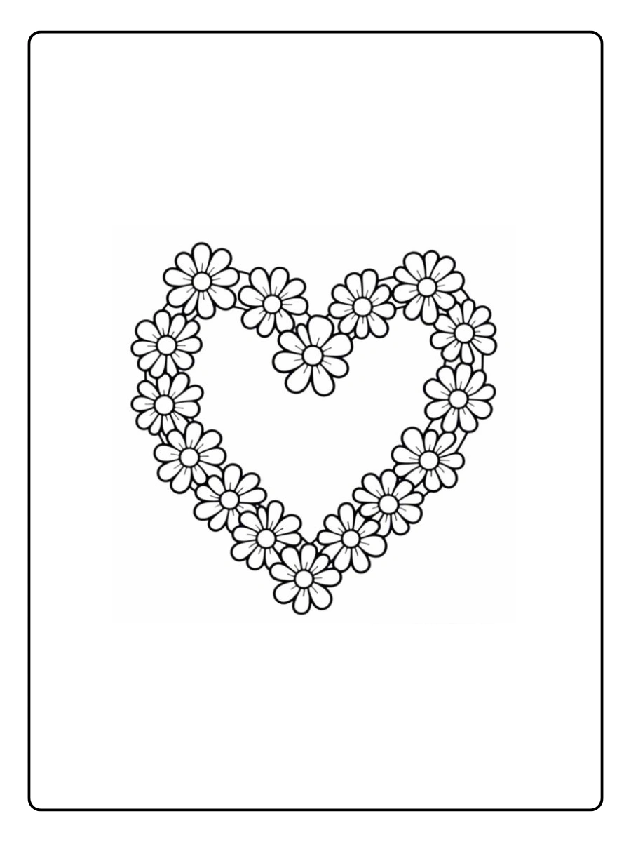 Ein Blumenkranz in Form von Ausmalbilder Herzen.