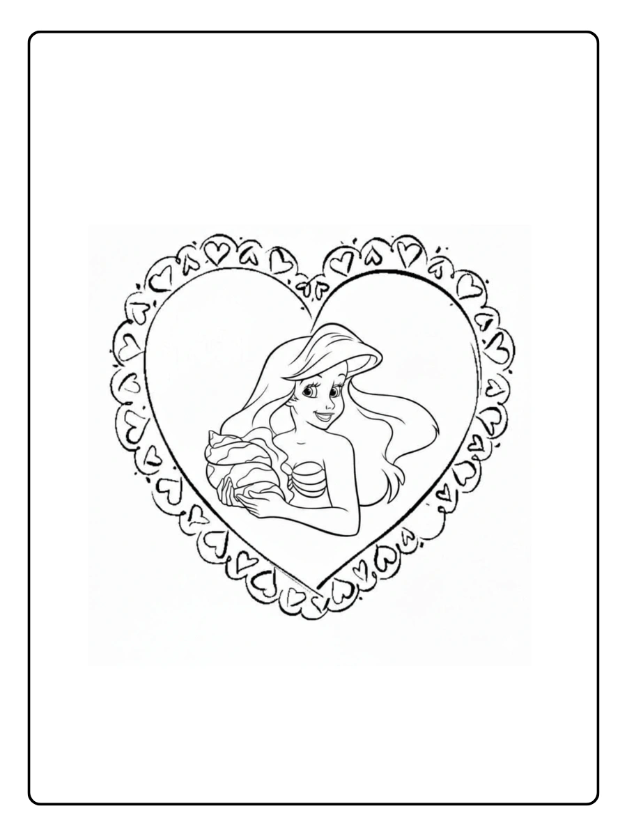 Prinzessinnen Valentinstag Ausmalbilder Arielle in einem Blumenrahmen.