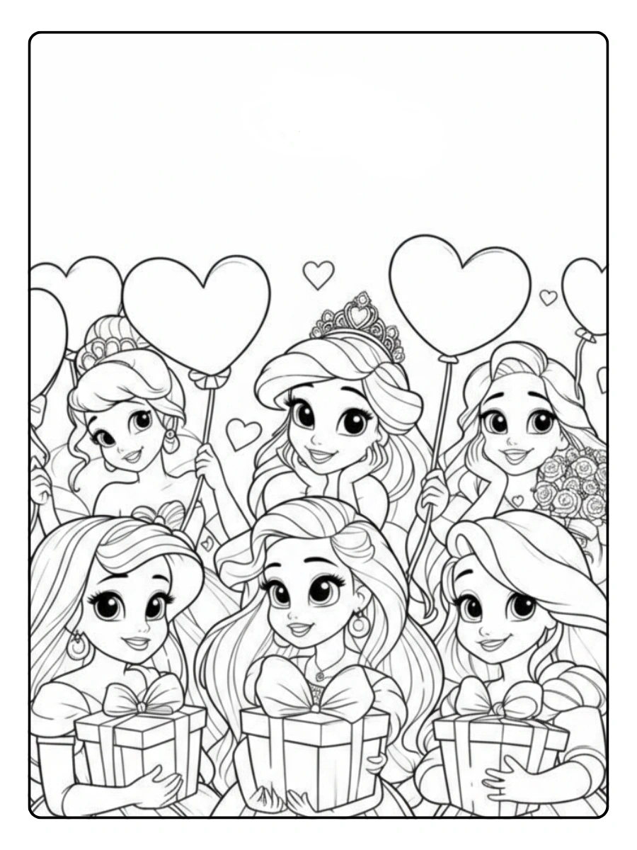 Prinzessinnen Valentinstag Ausmalbilder viele Prinzessinnen feiern gemeinsam.