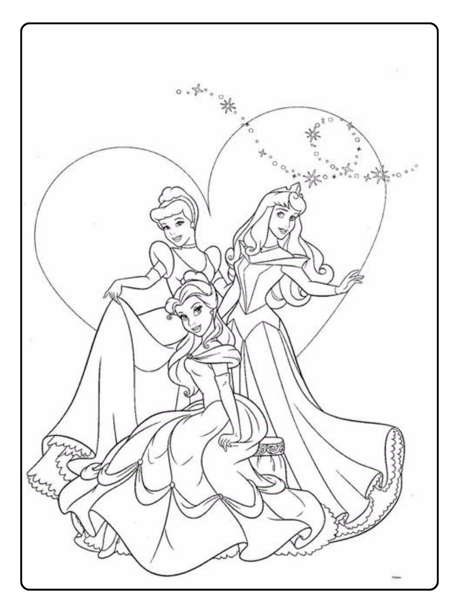 Prinzessinnen Valentinstag Ausmalbilder Trio vor einem großen Herz.