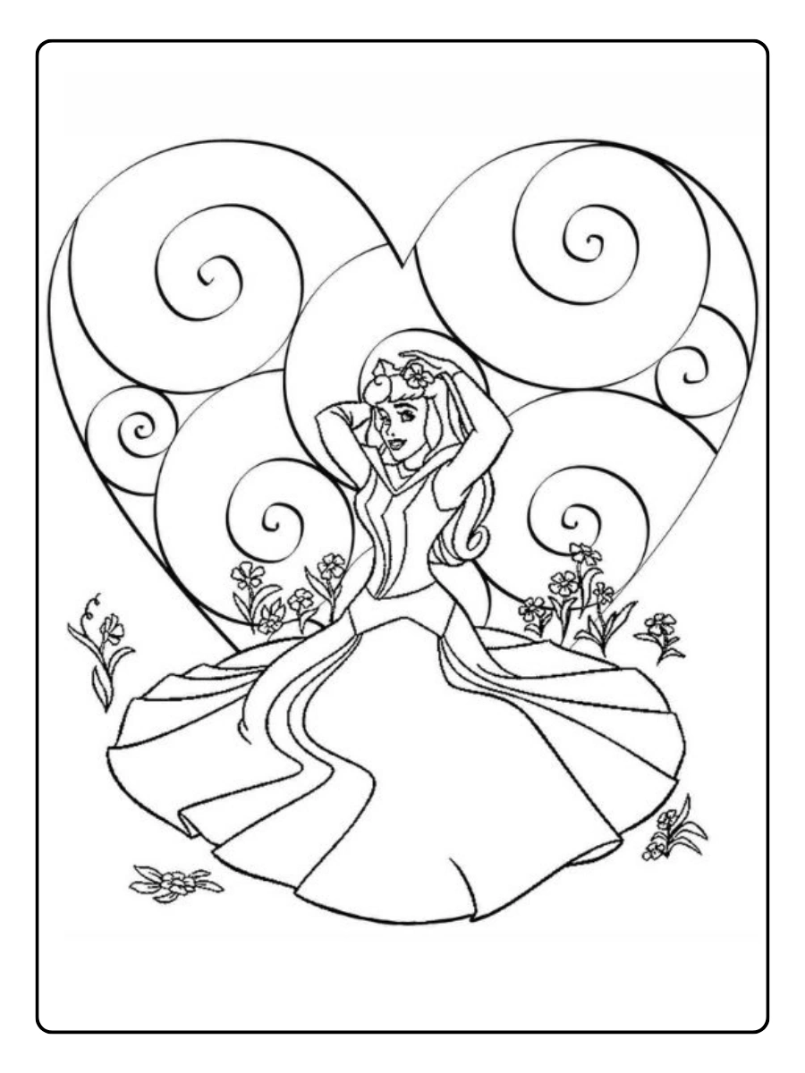 Prinzessinnen Valentinstag Ausmalbilder Tiana inmitten von Herz-Wirbeln.